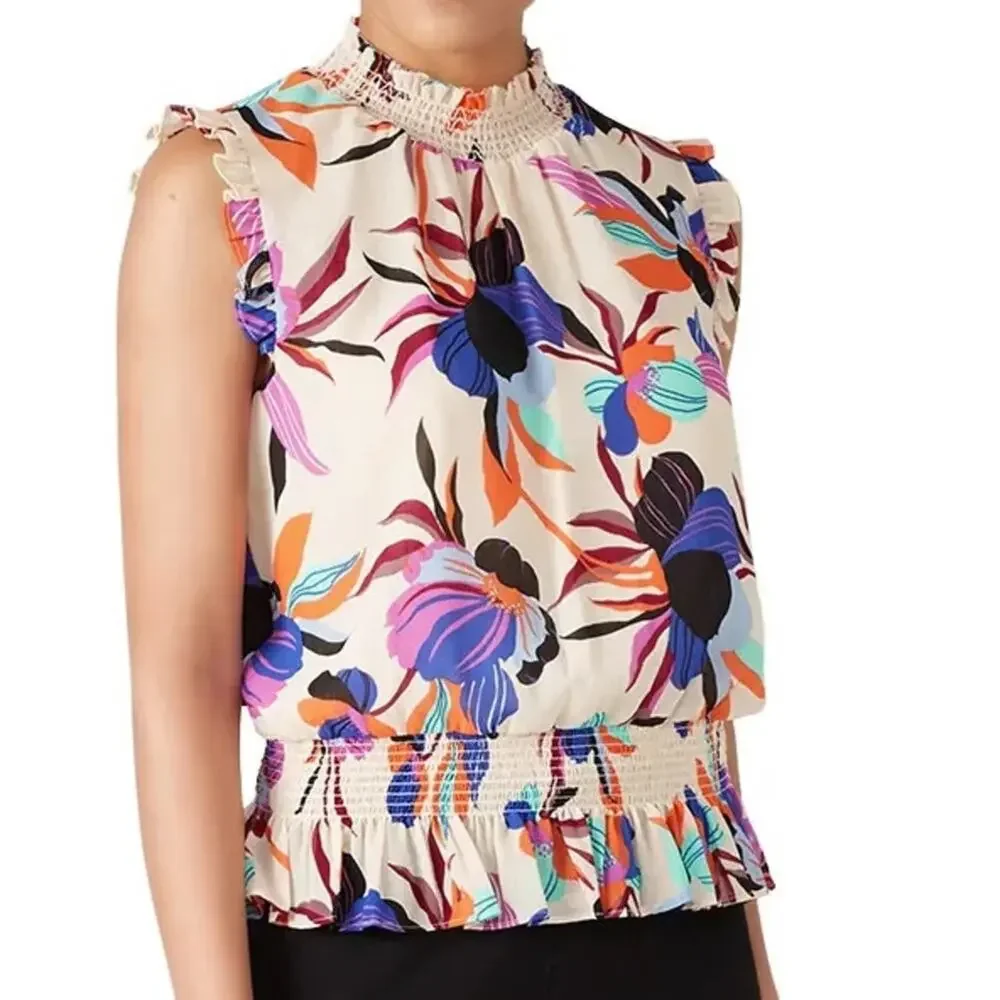 J. Crew NWOT Gorgeous Multicolor Bold Floral Ruffle Blouse Smocking Size 00